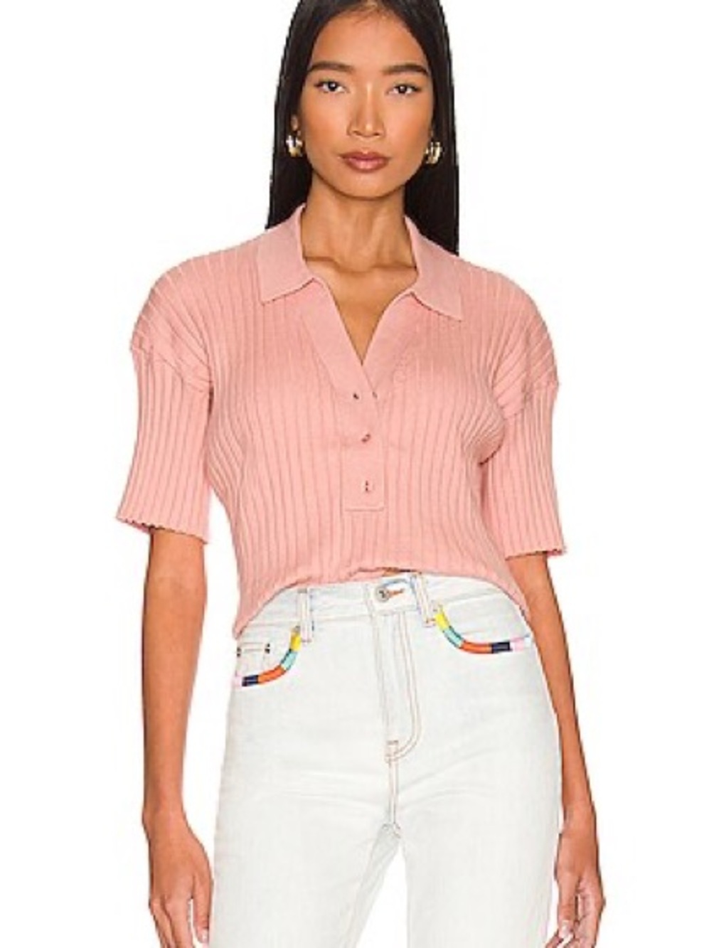 Something Navy Pink Ribbed Button-Down Polo Top